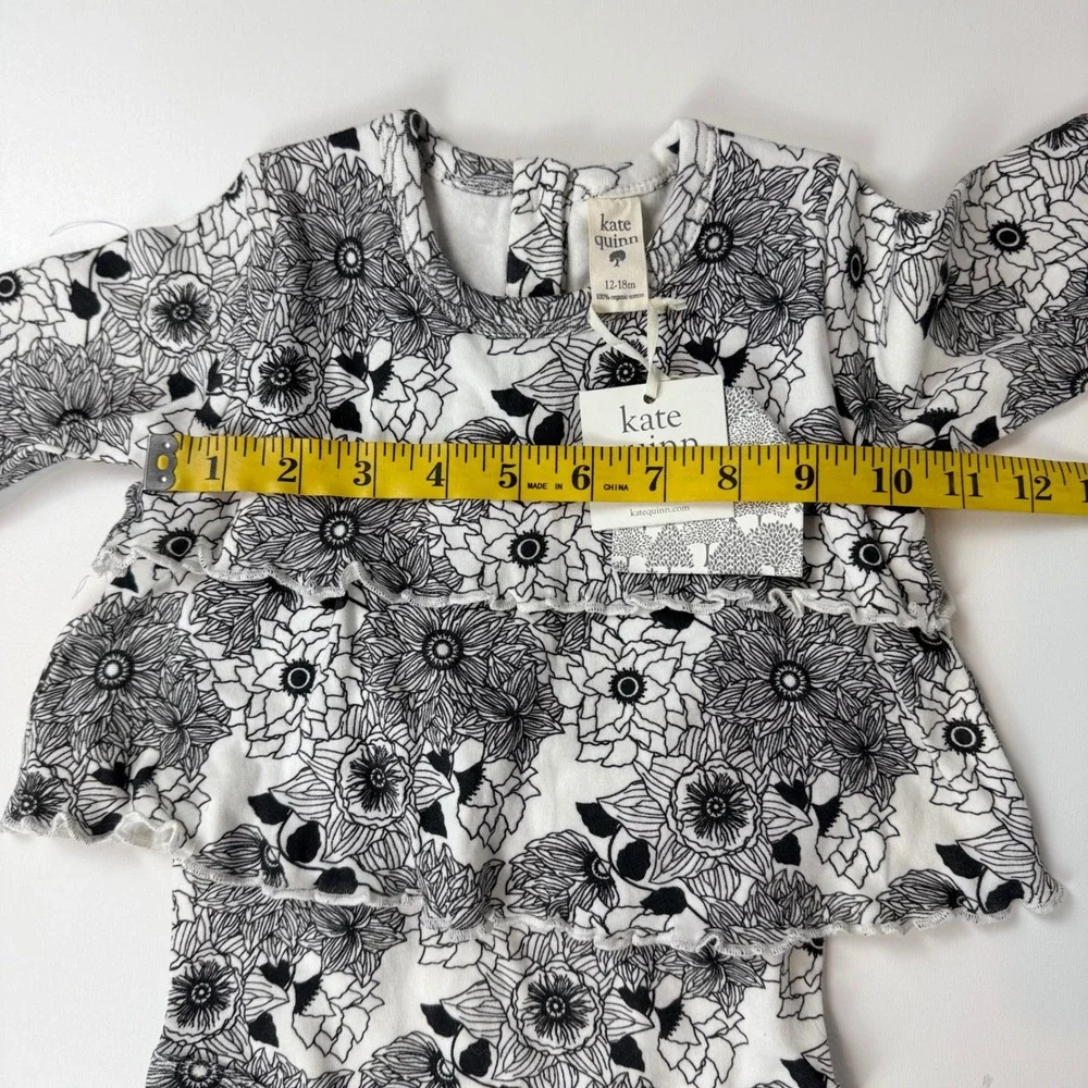 Kate Quinn 12-18M Organic Cotton Floral Ruffle Long Sleeve Bodysuit Black White